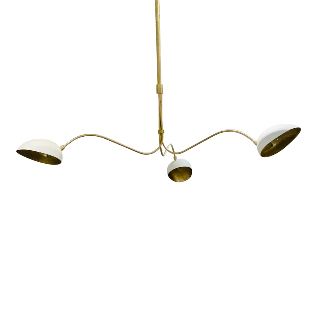 Mid-Century Modern Style Three Arm White and Gold Chandelier: Stylish Mid-Century Modern Style Three Arm White and Gold Chandelier, metal adjustable arms, showroom floor sample Condition: Imperfections: Some Imperfections Condition Notes: Showroom floor sample,