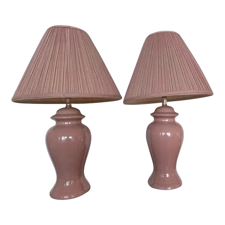 1980s Postmodern Mauve Pink Table Lamps - a Pair: Postmodern Mauve Pink Table Lamps - a Pair Original Matching Vintage Lamp shades included Condition: Alterations: Original Condition Unaltered Imperfections: Some Imperfections Condition Notes: Good