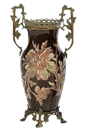 Antique French Art Nouveau Floral Majolica Vase: Antique French Art Nouveau bronze-mounted pottery vase with gilt-edged flowers and leaves, and mounted with flower-decorated pierced paw-footed bases, handles, and rims. No maker's mark. Some