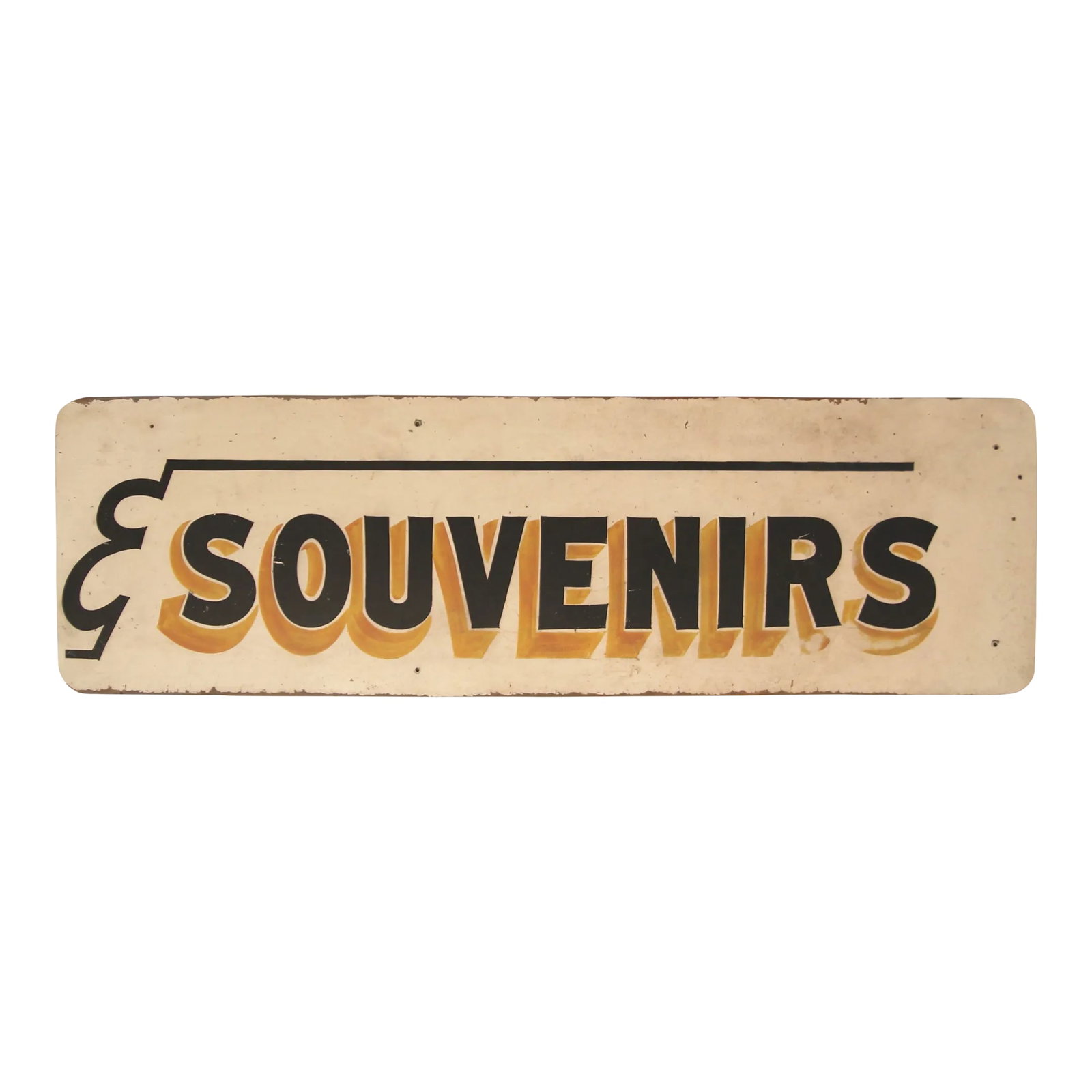 Vintage Souvenirs Signs: Circa 1950s one sided hand lettered on masonite Souvenirs sign found in NYS. Sign has holes where once hung, scratches, chips, discolorations. Condition: Alterations: Original Condition Unaltered