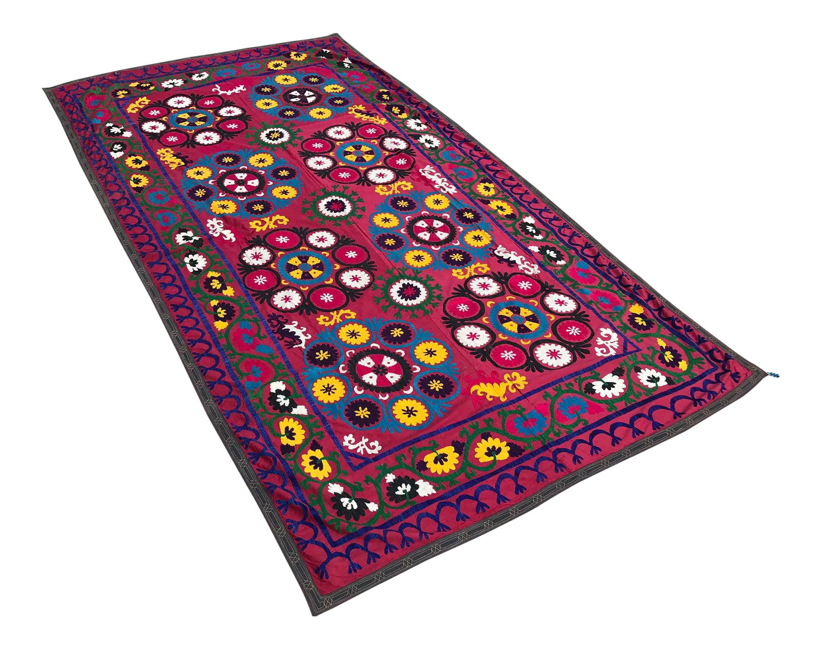 Vintage Pink Suzani Wall Hanging - Multicolor Bedspread - 4.9' x 8.4': * handmade suzani bedspread - table cover - suzani blanket * size is 8.4 FEET x 4.9 FEET ( 258 CM x 150 CM ) * multi color - RED Background, Yellow, Green and White Colors * tablecloth, bed cover,