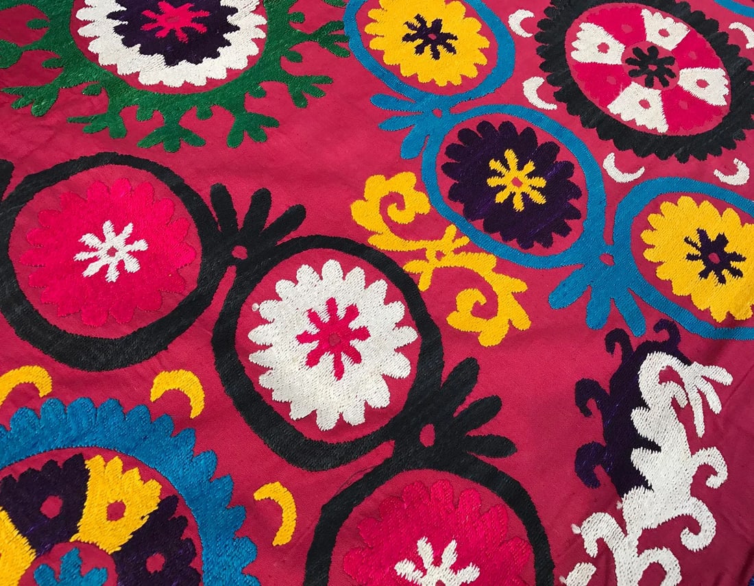 Vintage Pink Suzani Wall Hanging - Multicolor Bedspread - 4.9' x 8.4' - 4
