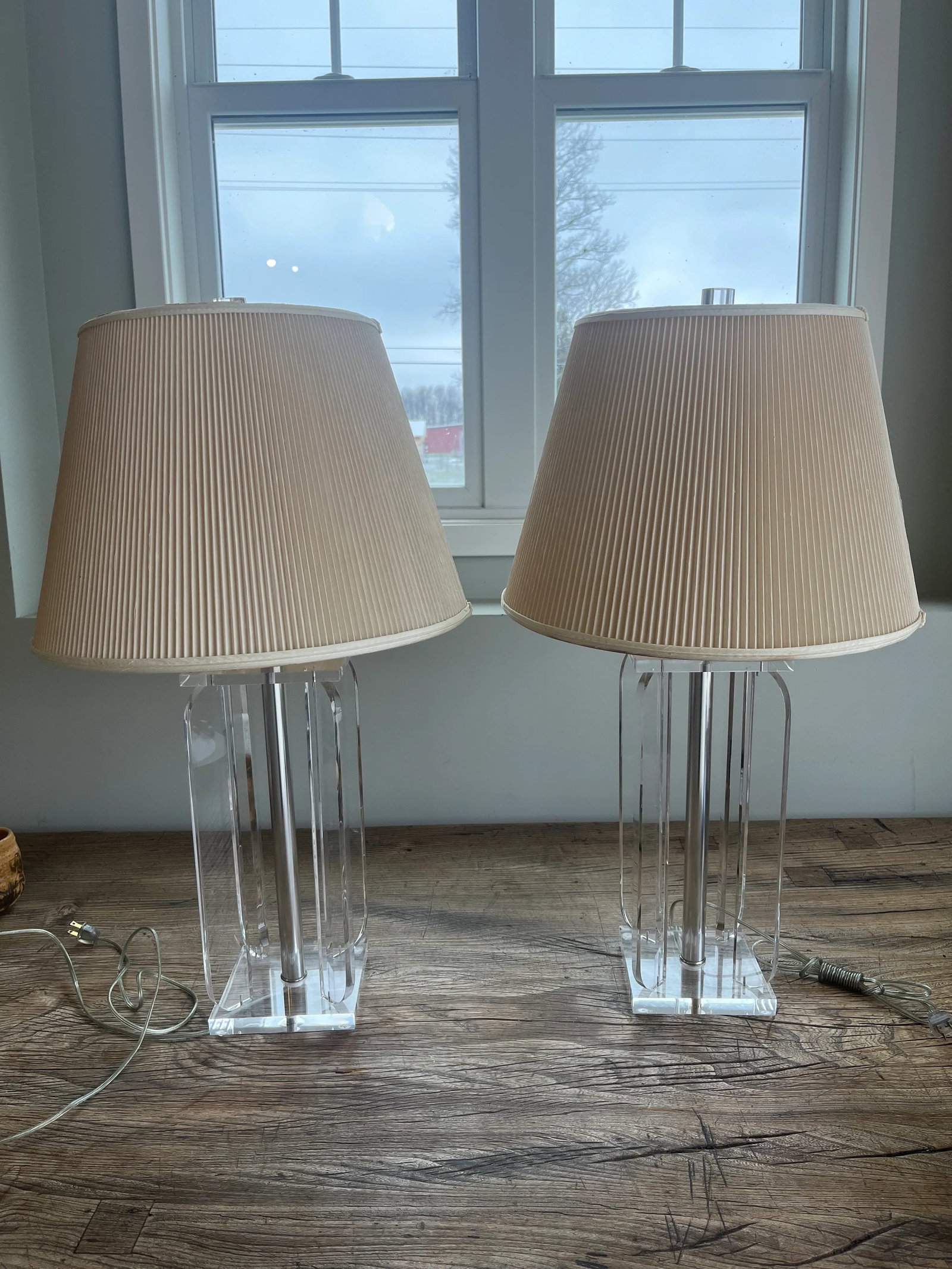 Vintage Pair Mid-Century Modern Frederick Cooper Lucite Square Table Lamps With Original Shades - 9