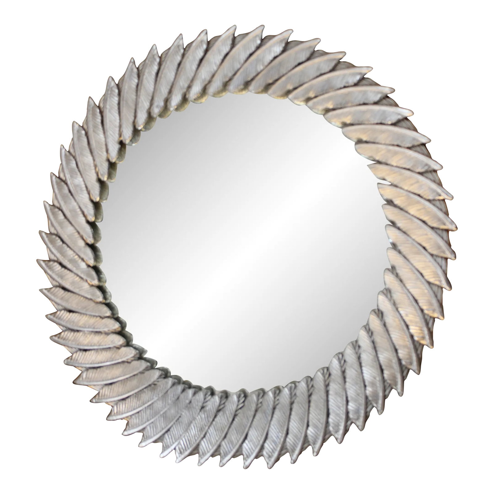 Large Contemporary Round Silver Mirror: This mirror is 29.5dia x 2.5d. It is hand-cast metal & clear mirror surrounded by a nickel finished, feathered border. The feathered border is sand-casted by hand. D rings on the back make hanging