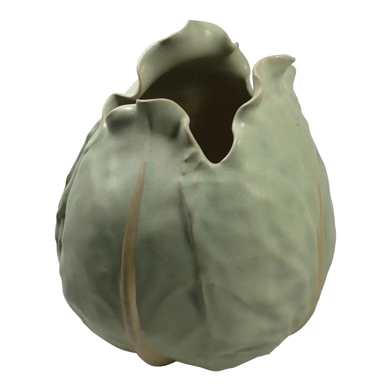 2000 Patricia Garrett Handmade American Pottery Large Green Cabbage Vase: Inspired by Nature, Patricia Garrett created her "Great Impressions" pottery in her Berkeley, California studio from 1980 until 2003. After traveling the world and spending several years in Japan