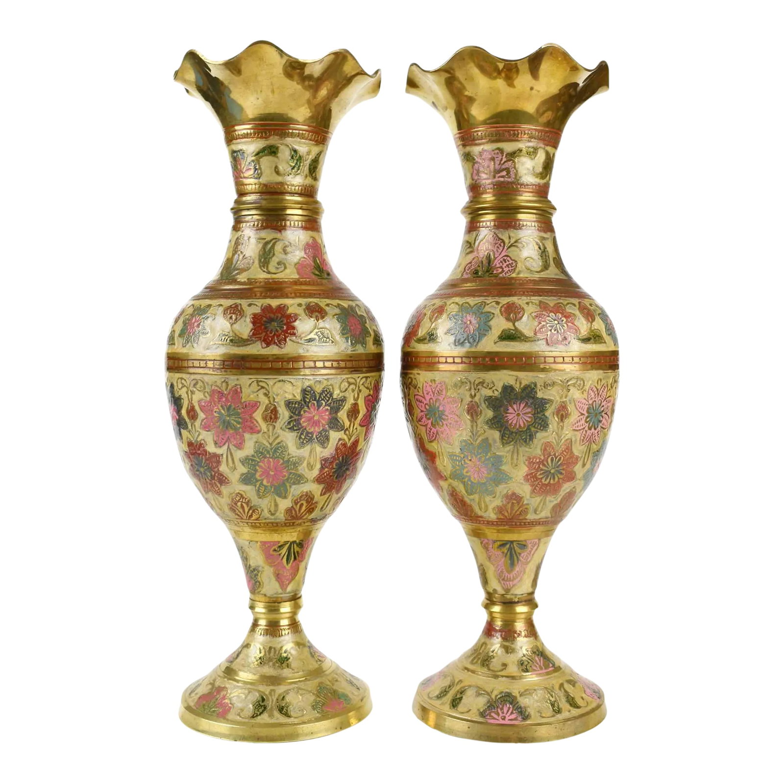 Mid 20th Century Vintage Hand Crafted Solid Brass Kashmiri Floral Enamel Motif Vase With Raffle Edge: Mid 20th century hand crafted solid brass Kashmiri floral enamel motifs vases. The vases carry multi colors that can bring a lot accent pieces for home decor and would look exceptional while