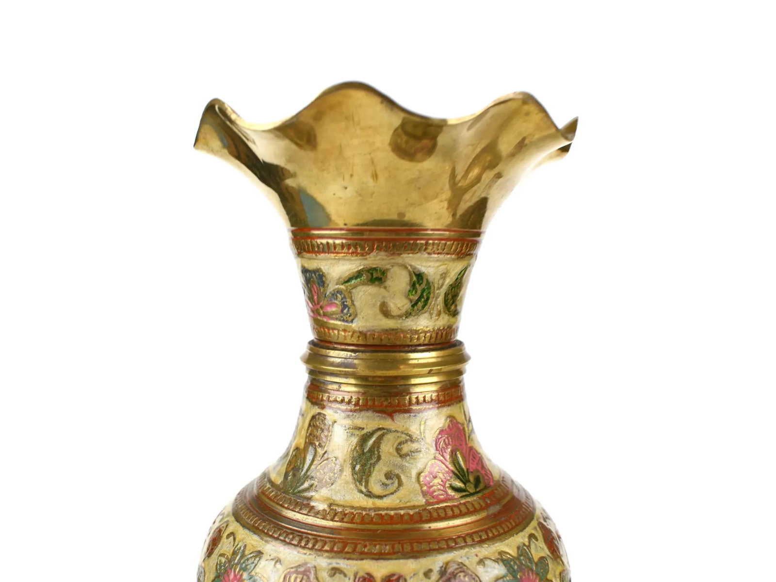 Mid 20th Century Vintage Hand Crafted Solid Brass Kashmiri Floral Enamel Motif Vase With Raffle Edge - 3