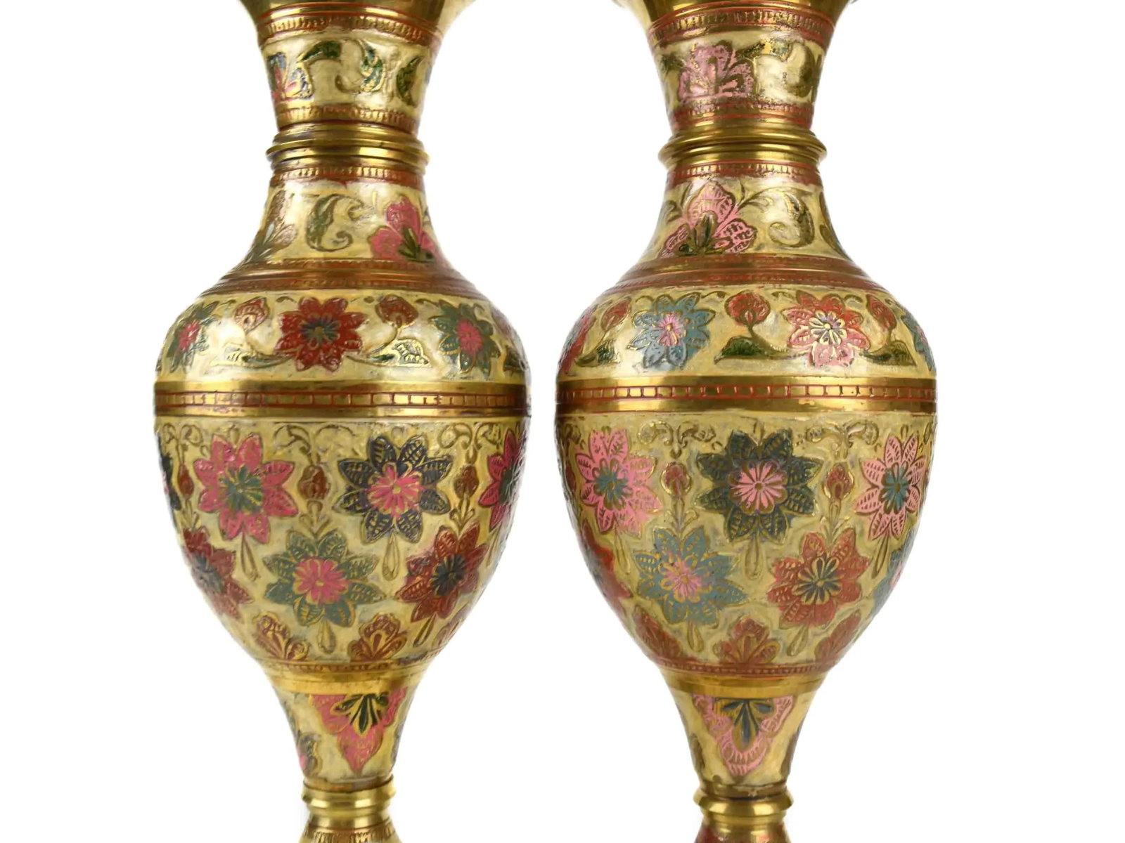 Mid 20th Century Vintage Hand Crafted Solid Brass Kashmiri Floral Enamel Motif Vase With Raffle Edge - 6