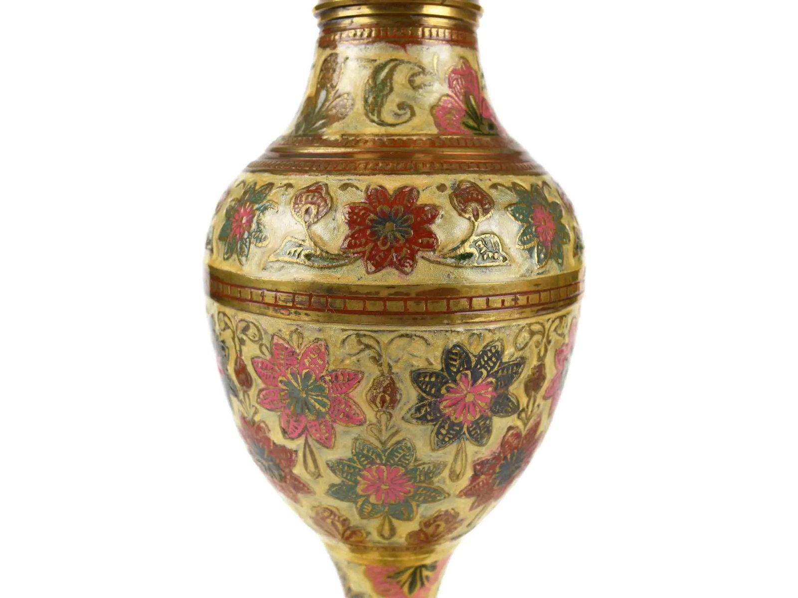 Mid 20th Century Vintage Hand Crafted Solid Brass Kashmiri Floral Enamel Motif Vase With Raffle Edge - 7