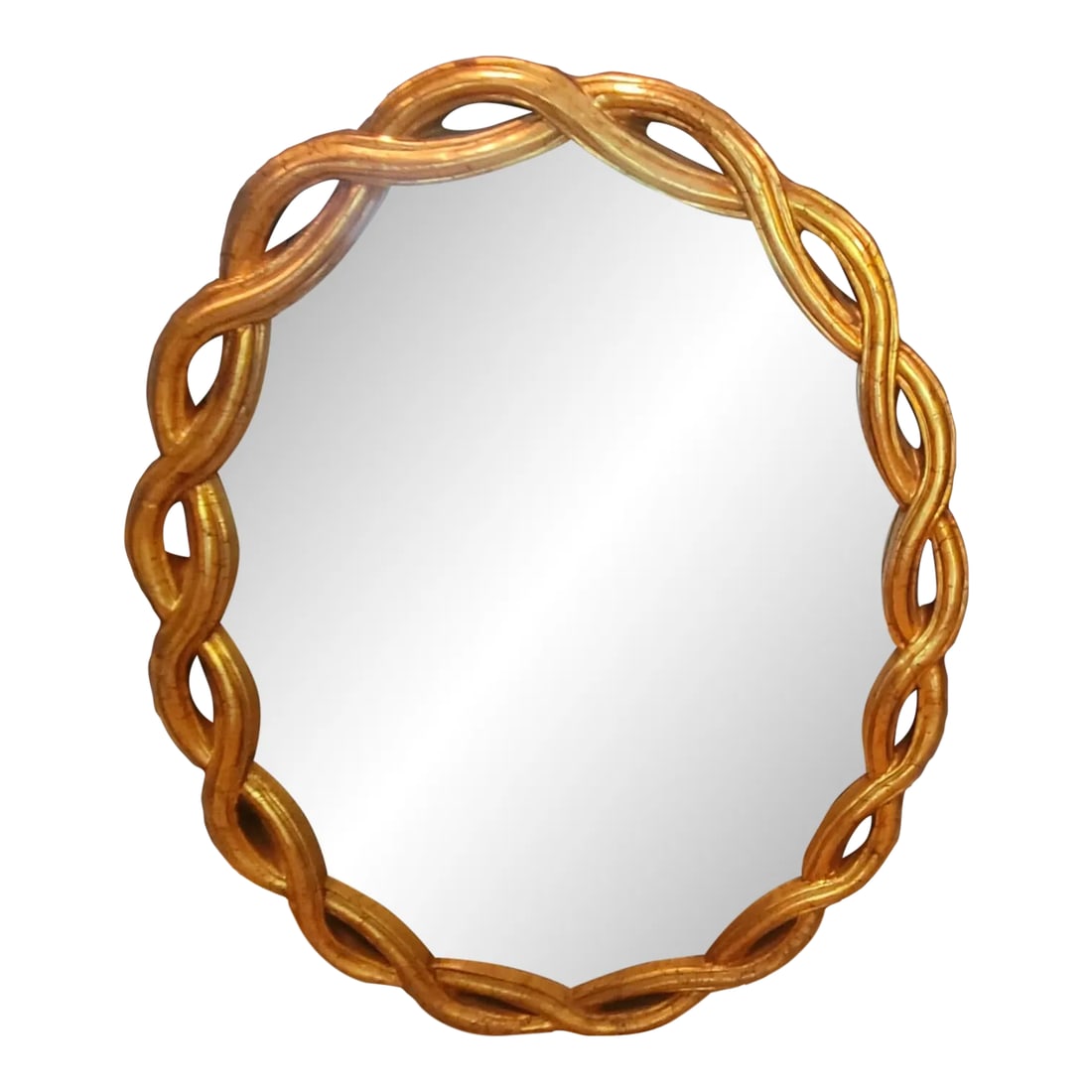 Substantial Mid 20th Century Giltwood Oval Mirror With Intertwining Overlay Style: Maison Bagues Style gorgeous crossover Gilt Italian mirror in fantastic shape! Truthfully, this piece is transitional enough to even provide the perfect powder room sink or bedroom vanity centerpiece.