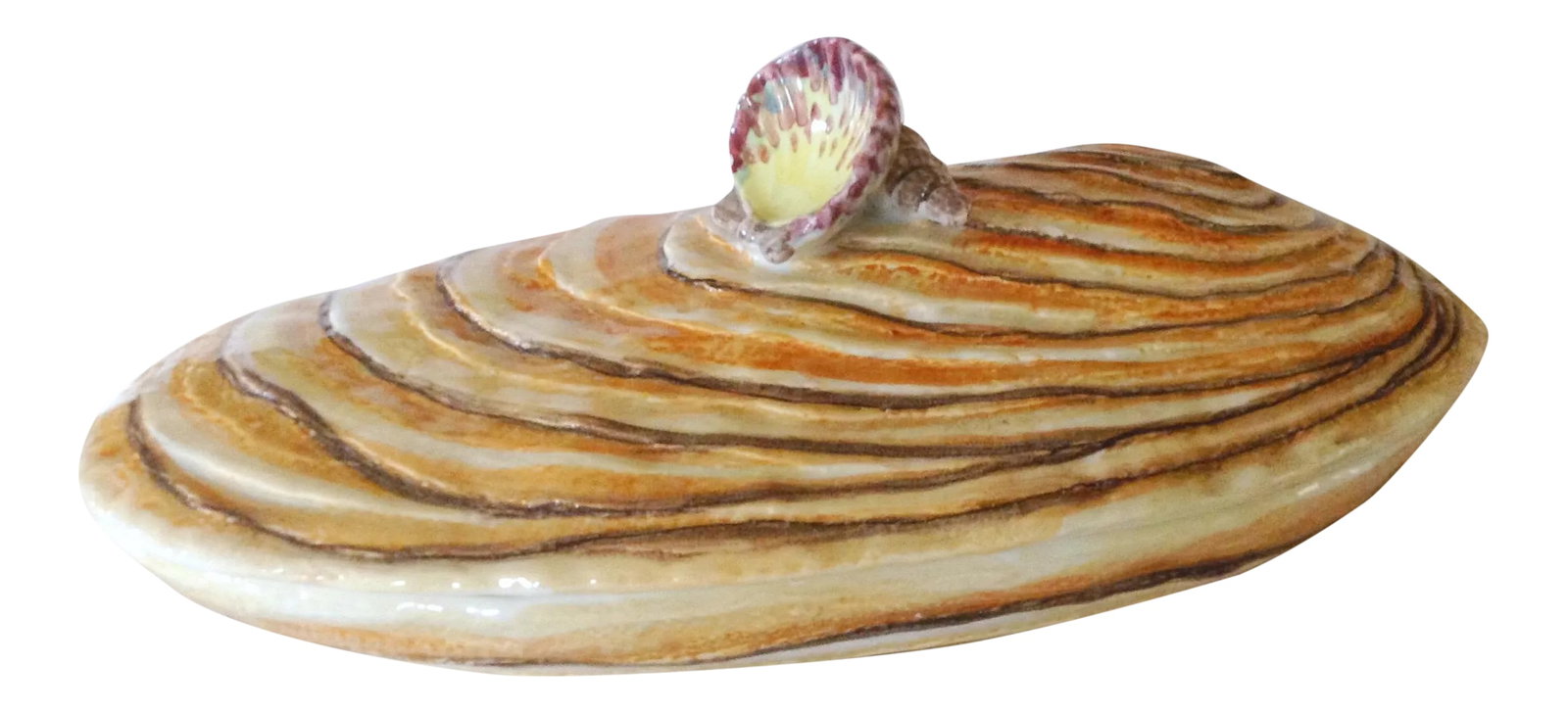 Italian Shell Serving Dish: This large covered Italian serving dish is fashioned in the image of a mussel and the handle on the lid is two smaller shells. The two pieces have hand painted Roman numeral numbers painted inside