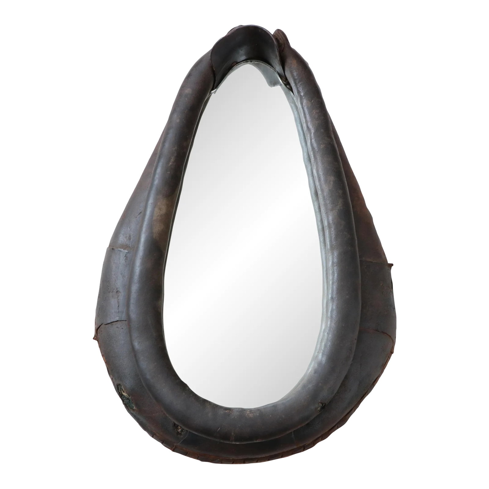 Antique Horse Collar Hanging Mirror: Wall mirror fashioned from an antique leather harness with a buckle and strap closure. The leather has a beautiful patina from genuine use and age. Dating to the early 20th century, great care was