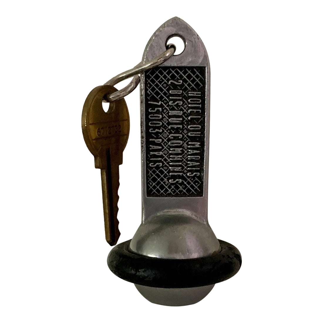 Antique French Hotel Key & Key Fob - Hotel Paris France Home Decor: What a wonderful focal point for a book shelf or desk - May be used as a paperweight. Authentic! 1980's. Hotel du Marais Room 63. Paris France Condition: Alterations: Original Condition Unaltered
