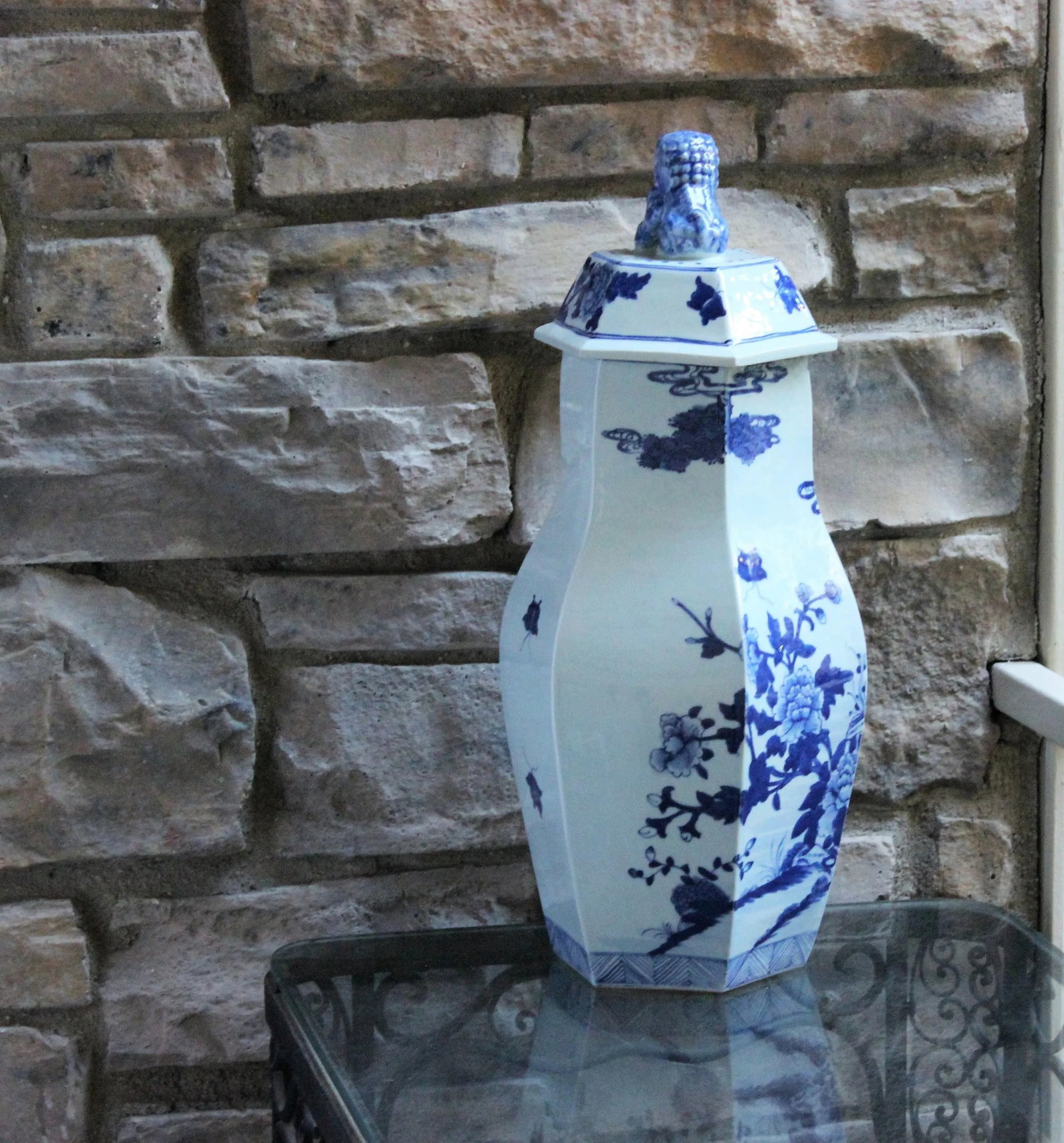 1960s Blue and White Ginger Jar with Foo Dog Floral Flowers Large Tall Chinoiserie - 10