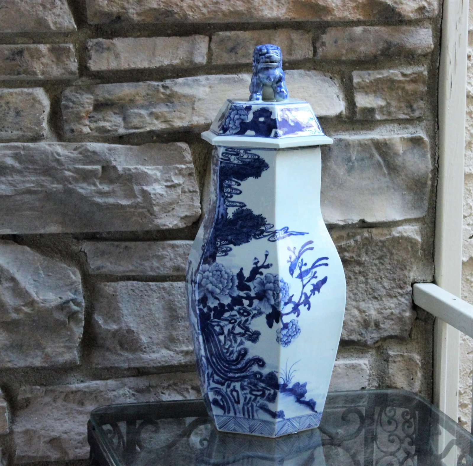 1960s Blue and White Ginger Jar with Foo Dog Floral Flowers Large Tall Chinoiserie - 2