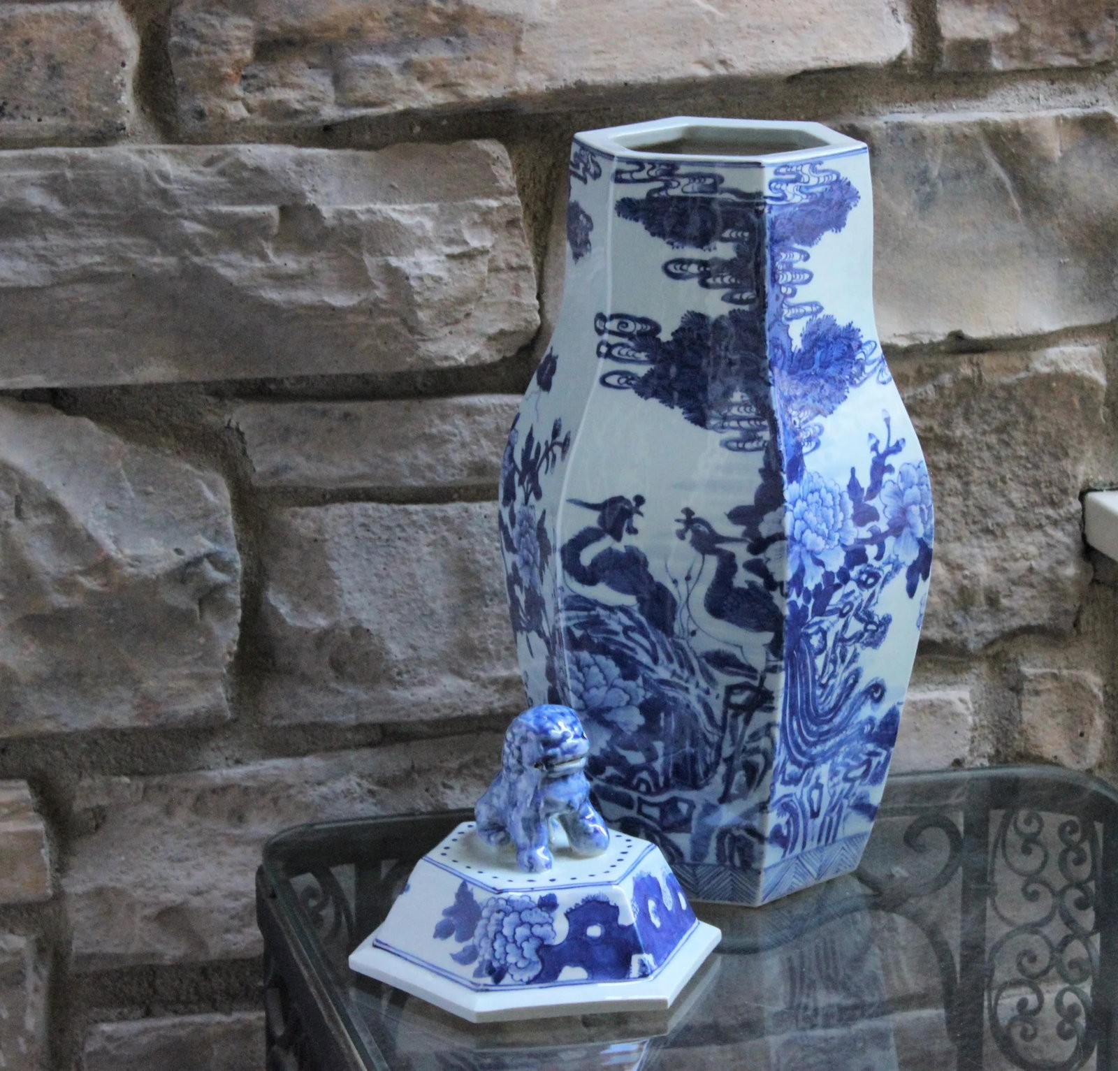 1960s Blue and White Ginger Jar with Foo Dog Floral Flowers Large Tall Chinoiserie - 4