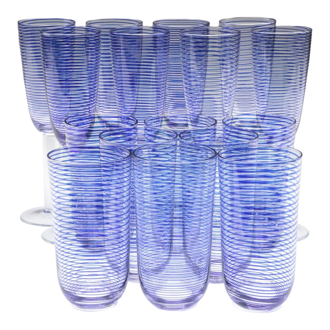 Mid Century Modern 50s Blue Stripe Glass Champagne Flutes and Tumblers Italian Gio Ponti Style Set o: Fine glass with horizontal lines in blue in the Gio Ponti Style This glass set is as at home in a breezy beach house as it is a moody, urban setting Dimensions 2.5" W x 9.5" H x 2.5" D - measures