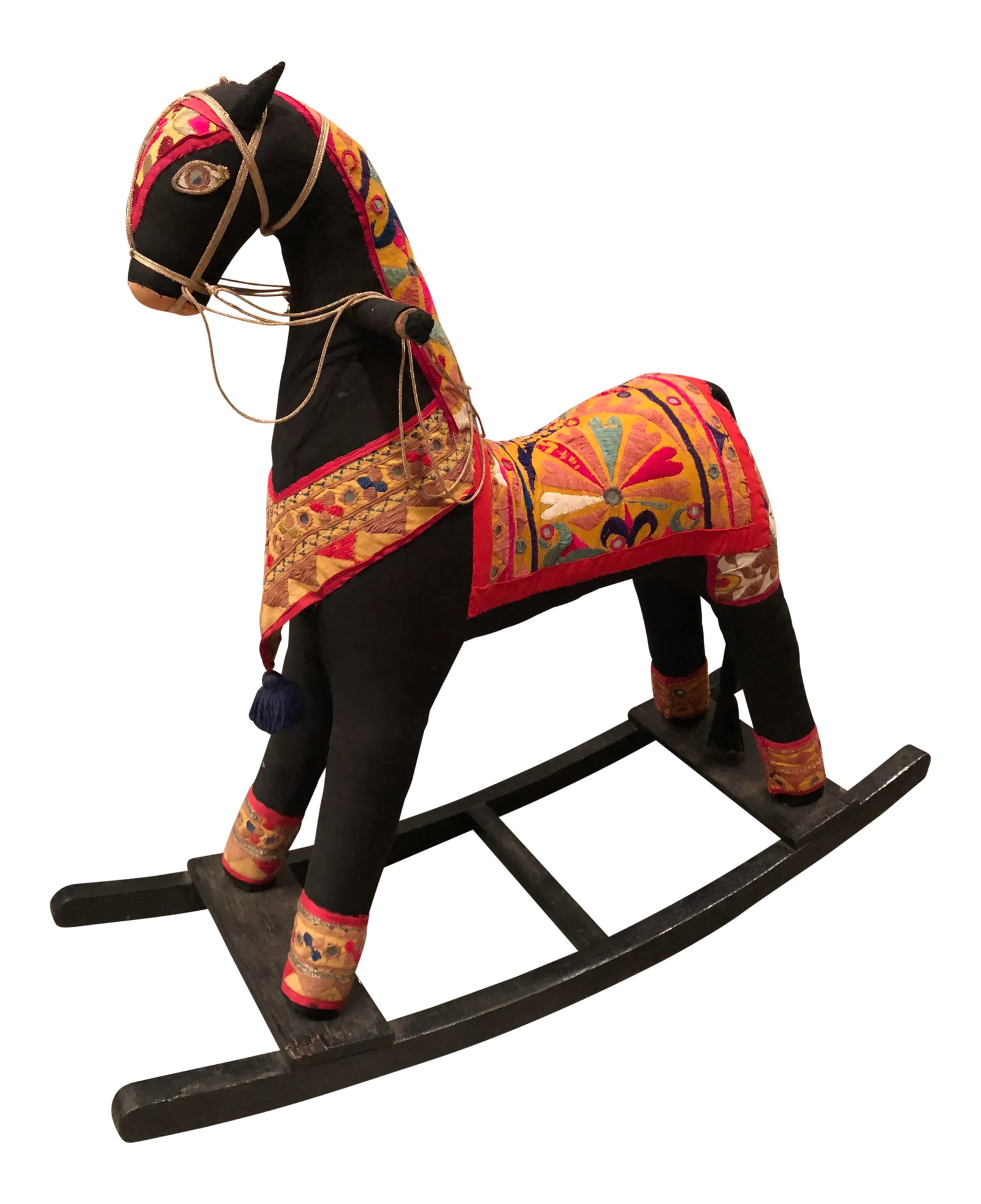 Vintage Indian Fabric Rocking Horse: Add some"jungalino" style to a nursery or child's room with this fantastic rocking horse covered in Indian fabric. Gorgeous detailing. Has been loved on the handles with some wear to fabric (you