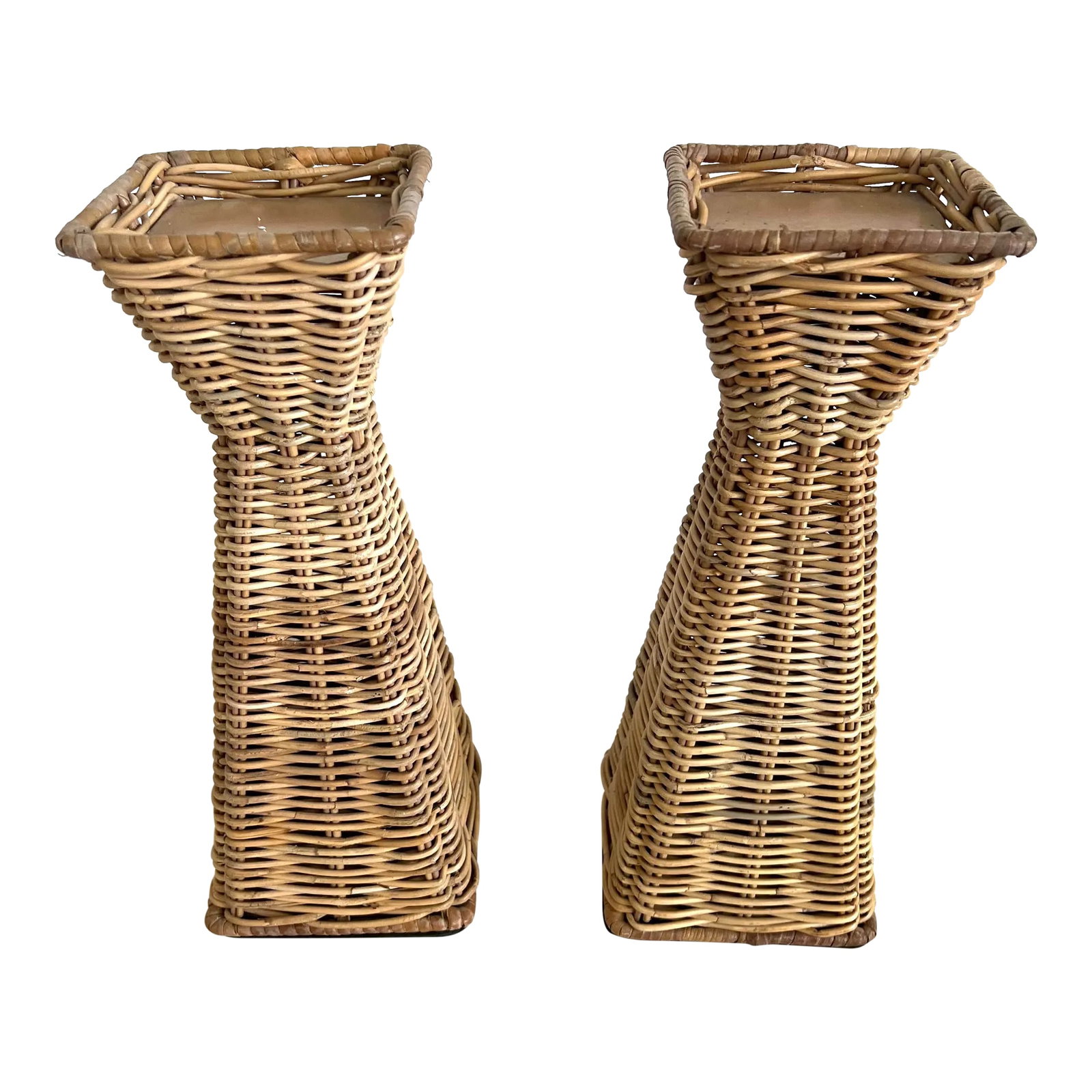 Coastal Wicker Candlestick Holders - a Pair: Coastal Vintage wicker candlesticks - Set of 2. Perfect for beach home or summer table scape Holds candle 3" x 3" Condition: Alterations: Original Condition Unaltered Imperfections: Some