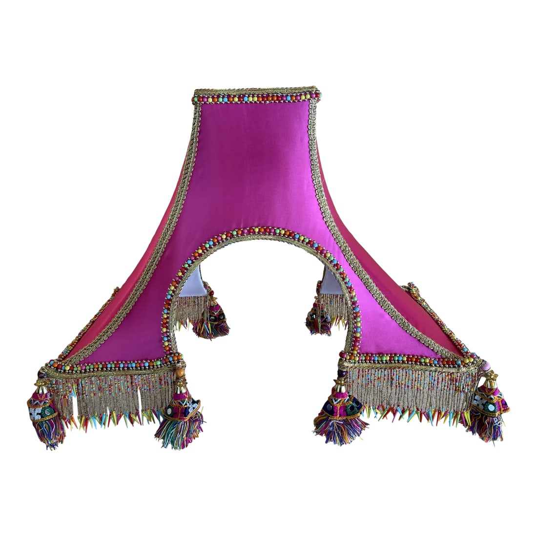Single Penny Long Couture Eiffel Tower Shade.: Single Penny Long Couture Eiffel Tower Shade. All hand made hand sewn in hot fushsia silk adorned with multi color trims and 8 - 5in big fat colorful tassels and 3in. colorful ornate beaded trim! As