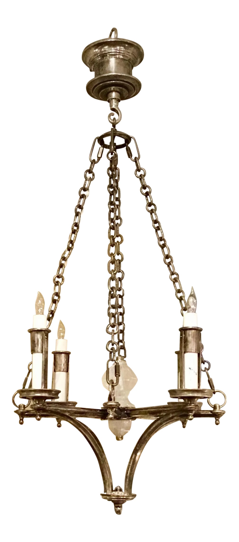 Industrial Modern Nickle Finished Rock Crystal Chanderlier: Rock Crystal Chandelier with antique nickel finish, four candelabra lights and smokey crystal detail, showroom floor sample Condition: Imperfections: Some Imperfections Condition Notes: Showroom
