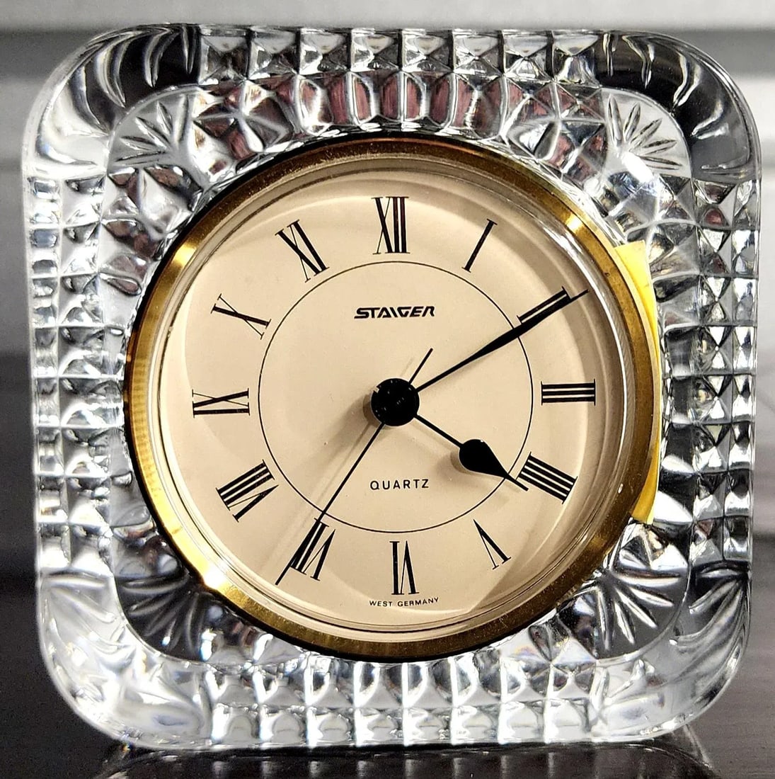 Handsome Vintage Steiger Round Quartz Clock & Fine French Square Lead Crystal - 13