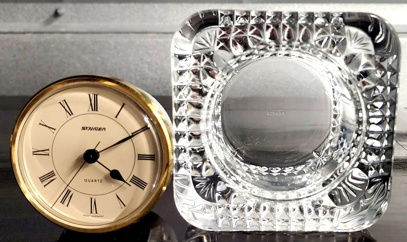 Handsome Vintage Steiger Round Quartz Clock & Fine French Square Lead Crystal - 2