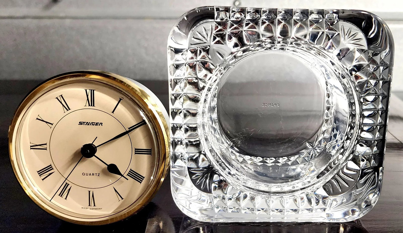 Handsome Vintage Steiger Round Quartz Clock & Fine French Square Lead Crystal - 6