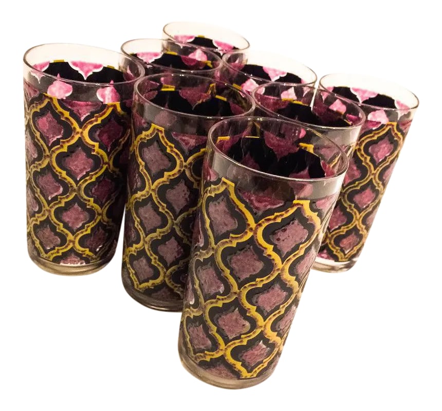 Mid-Century Moroccan Style Maroon & Gold Collins Glasses- Set of 8: Vintage set of 8 Collins glasses from the 60s. The set features a painted gold/mustard, black, and hand stained maroon motif in a beautiful textured Moroccan style. Great condition. Condition: Conditi
