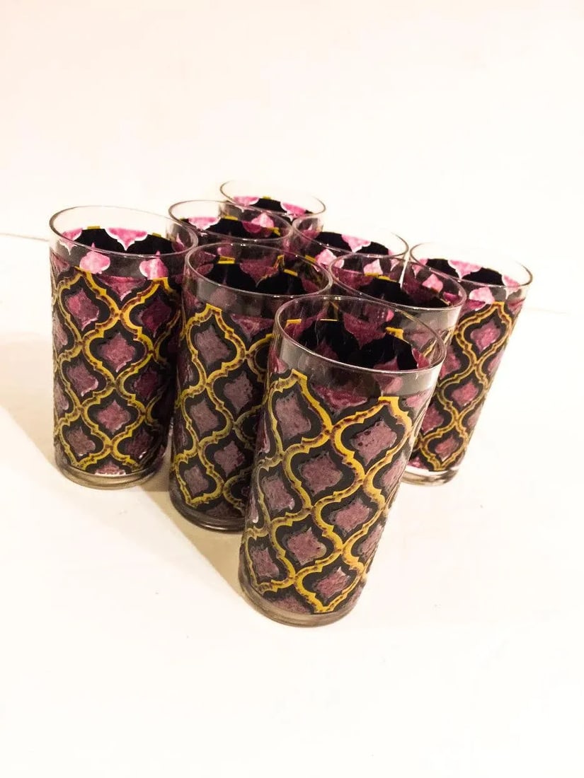 Mid-Century Moroccan Style Maroon & Gold Collins Glasses- Set of 8 - 2