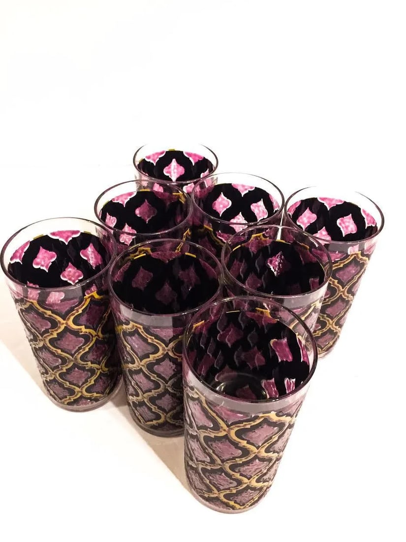 Mid-Century Moroccan Style Maroon & Gold Collins Glasses- Set of 8 - 5
