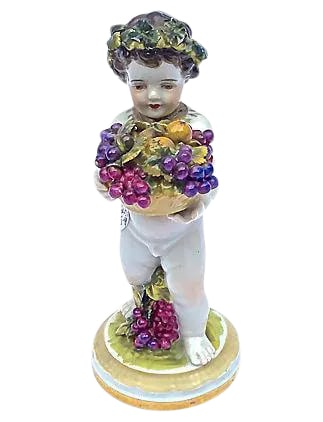 Antique Muller Volkstedt Porcelain Cherub Figurine: Antique hand-painted porcelain Muller Volkstedt cherub figurine holding a basket of fruit. Marked "MV" with crown on the underside. Condition: Alterations: Original Condition Unaltered Imperfections: