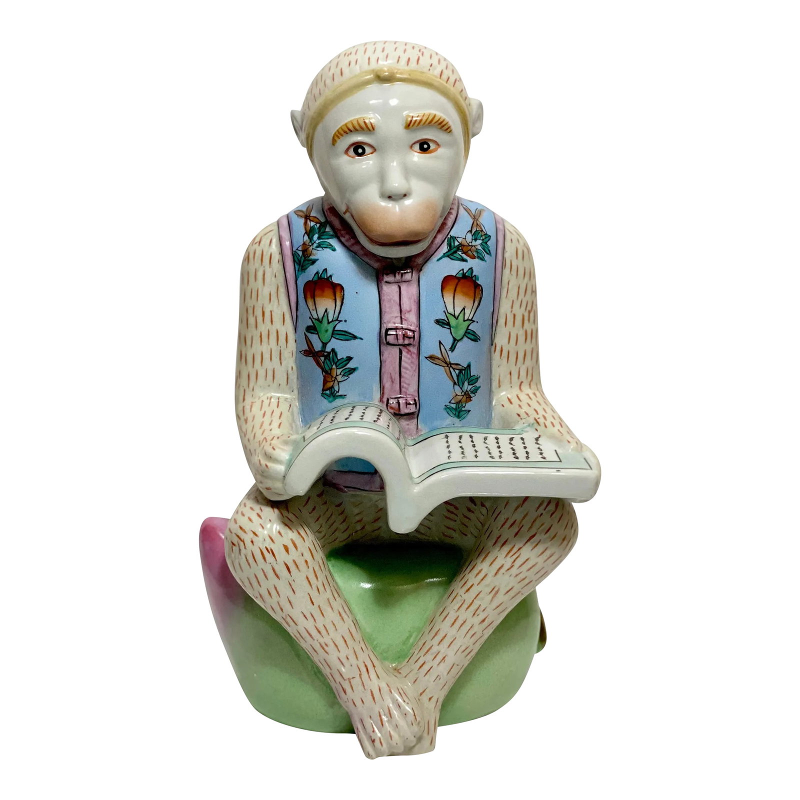 Vintage Chinoiserie Monkey in Blue Vest Reading Book Bombay Co: Chinoiserie Hand Painted Vintage Monkey Reading Book sitting on a Lotus Flower Decor Beautifully hand painted in vibrant, clear colors. Very sweet expression. Impressive 12" Tall Condition: Alteration