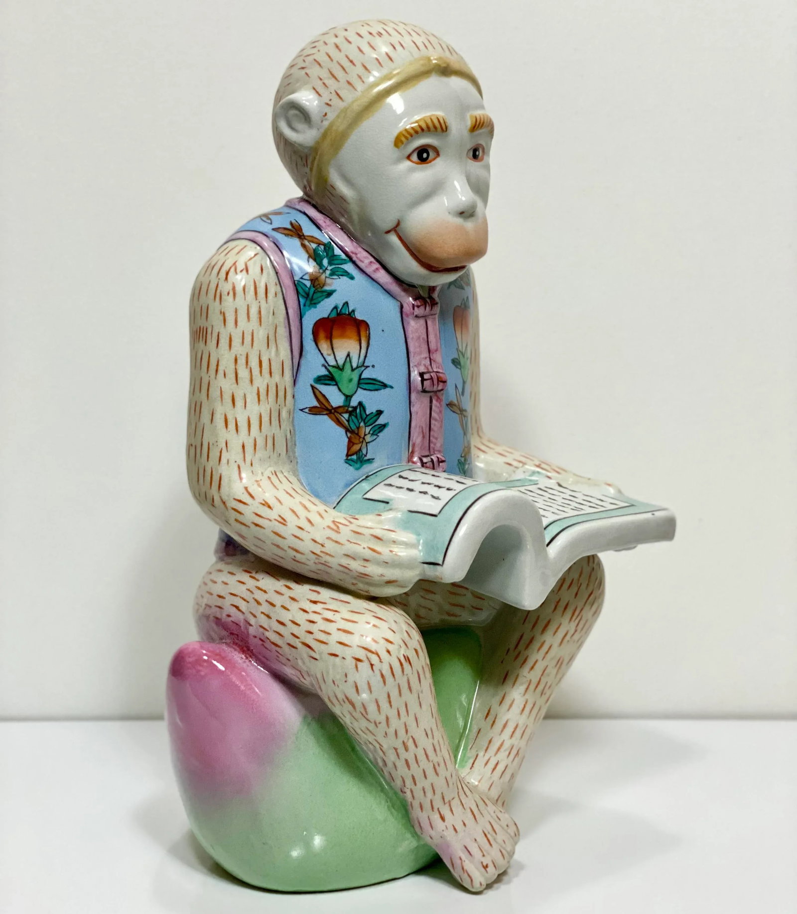 Vintage Chinoiserie Monkey in Blue Vest Reading Book Bombay Co - 8