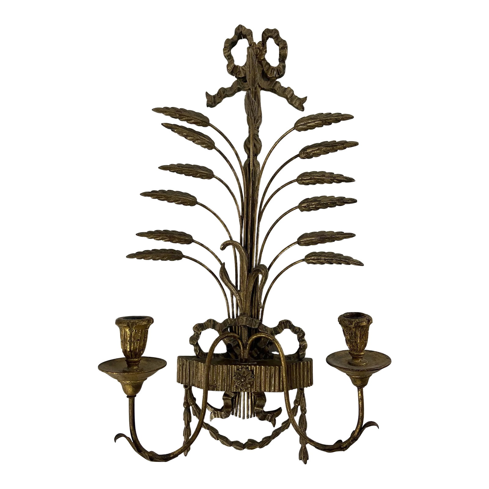 Carved and Gilt Italian Wall Candle Sconce: Single two arm tole and carved gilt wood candle sconce. Decorative elements feature carved swag, ribbons, and stylized leaves. Condition: Alterations: Original Condition Unaltered Imperfections: Some 