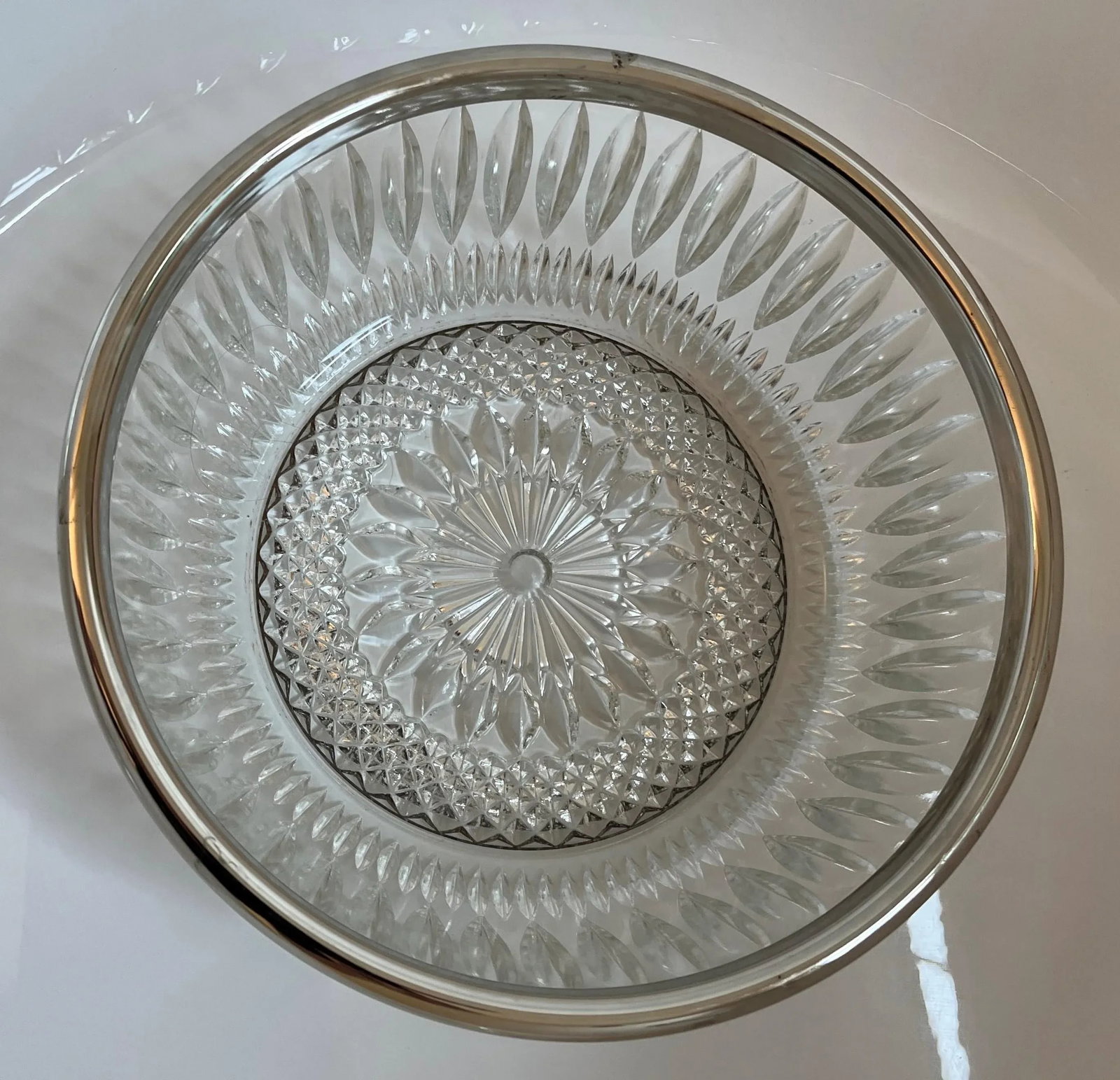 Vintage Large Diamond Cut Glass Bowl With Silver Rim - 2