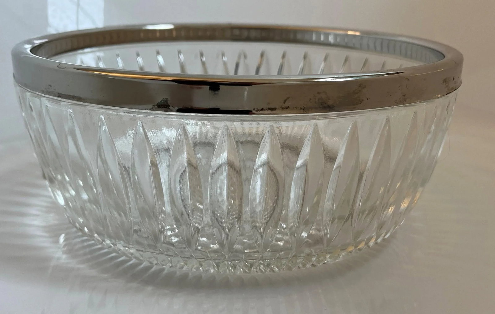 Vintage Large Diamond Cut Glass Bowl With Silver Rim - 3