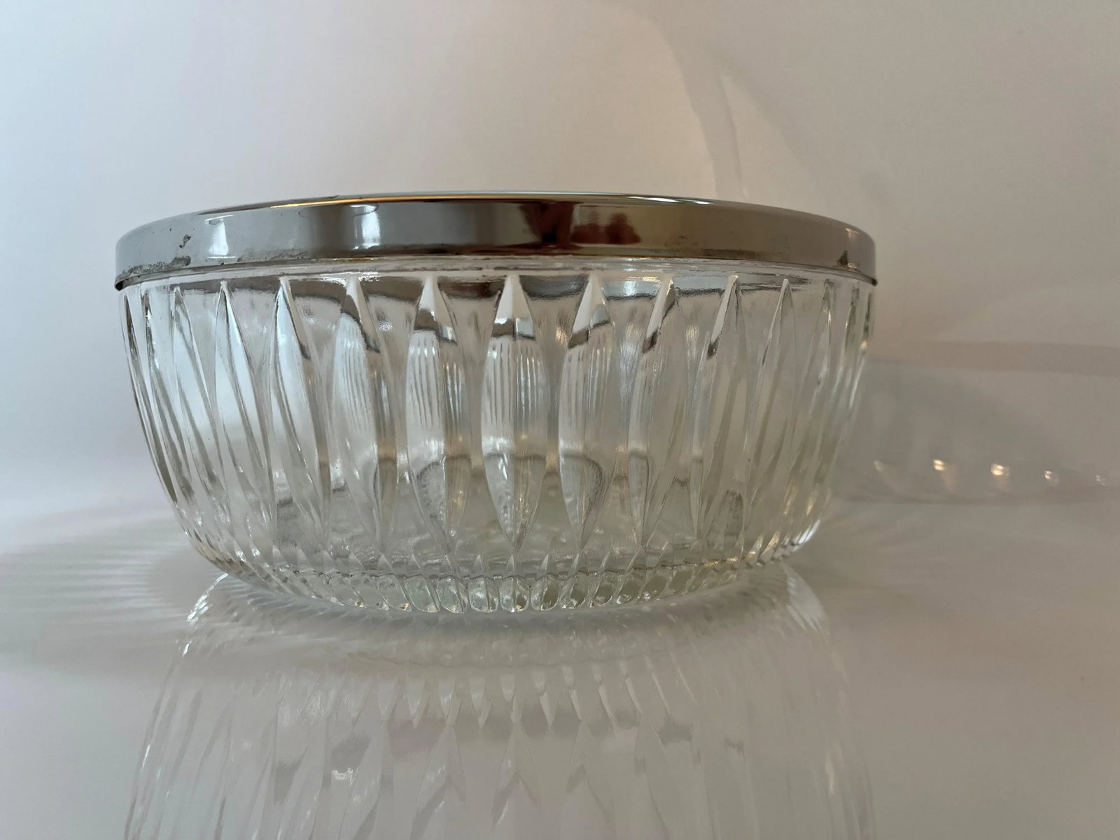 Vintage Large Diamond Cut Glass Bowl With Silver Rim - 5