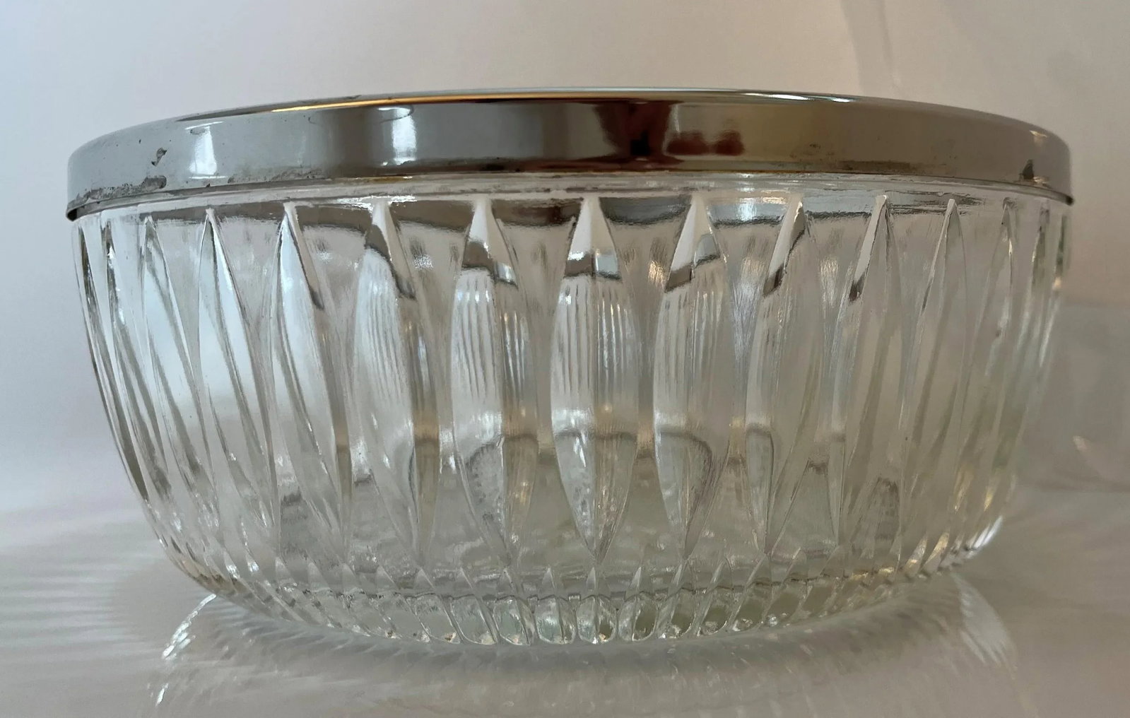 Vintage Large Diamond Cut Glass Bowl With Silver Rim - 7