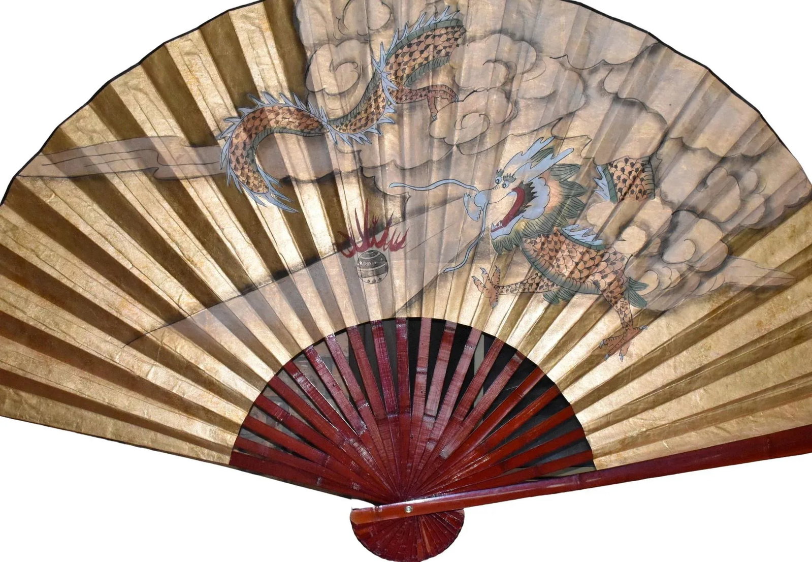 Mid 20th Century Chinese Hand Painted Dragon Fan Large Vintage Hanging Wall Fan - 2