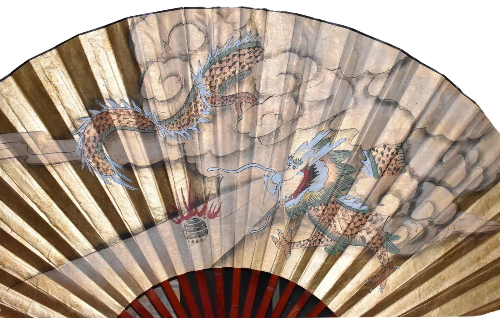 Mid 20th Century Chinese Hand Painted Dragon Fan Large Vintage Hanging Wall Fan - 3