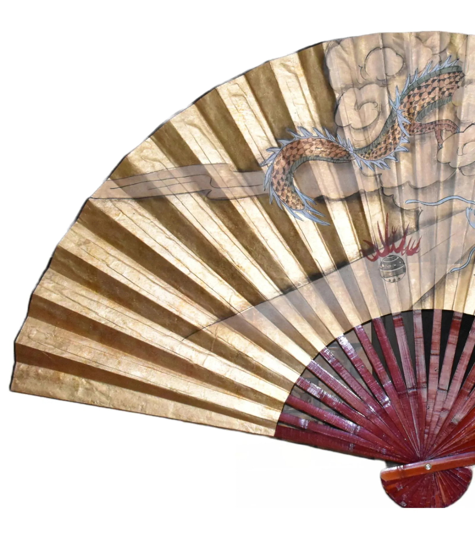 Mid 20th Century Chinese Hand Painted Dragon Fan Large Vintage Hanging Wall Fan - 4