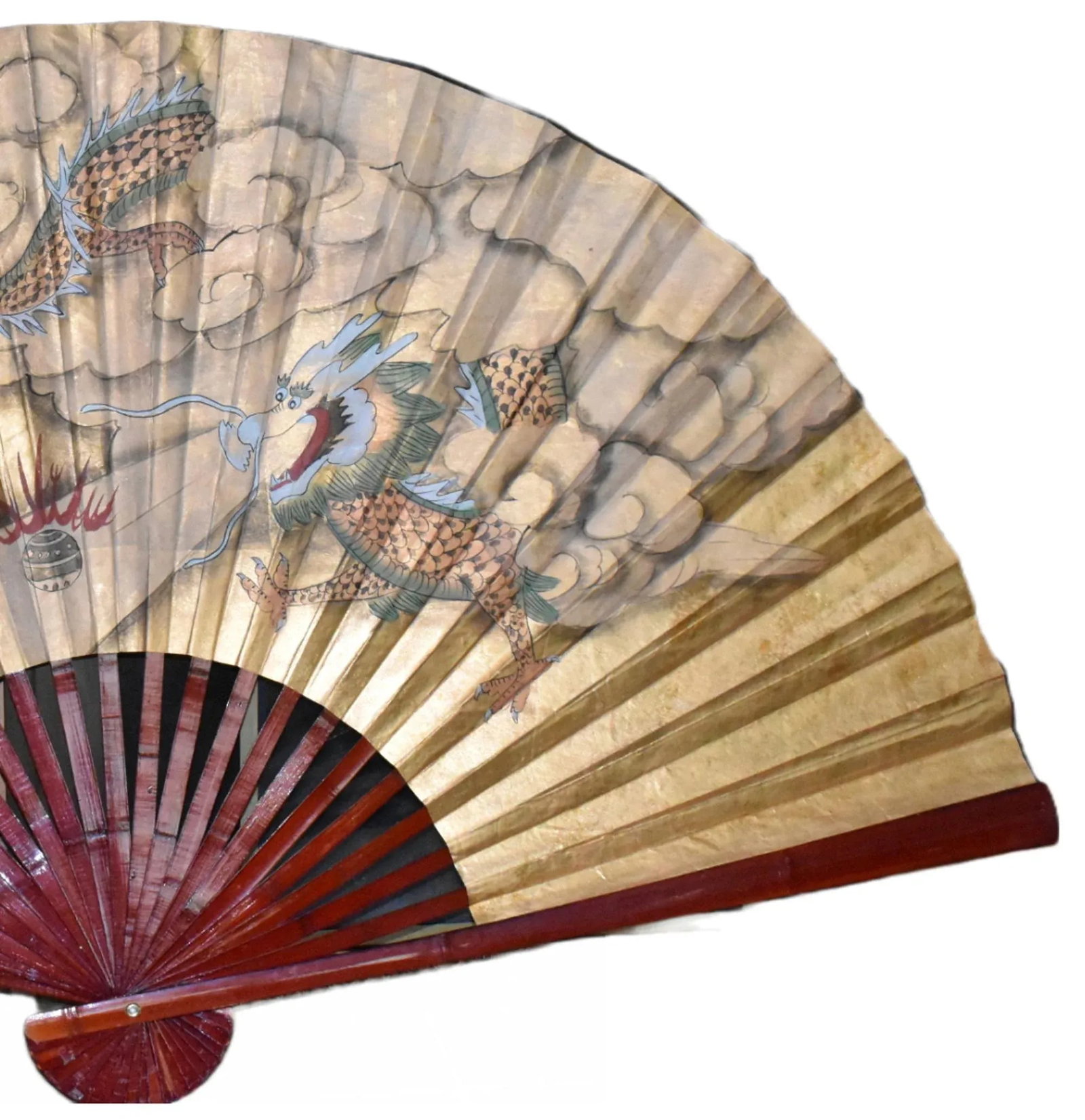 Mid 20th Century Chinese Hand Painted Dragon Fan Large Vintage Hanging Wall Fan - 5