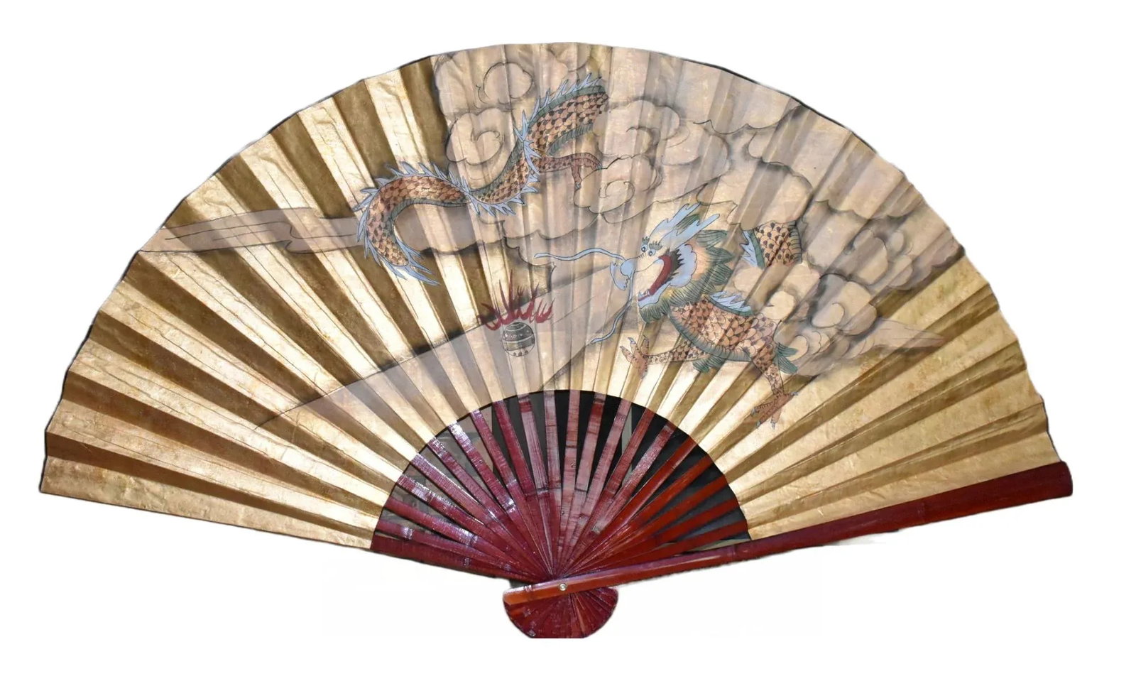 Mid 20th Century Chinese Hand Painted Dragon Fan Large Vintage Hanging Wall Fan - 8