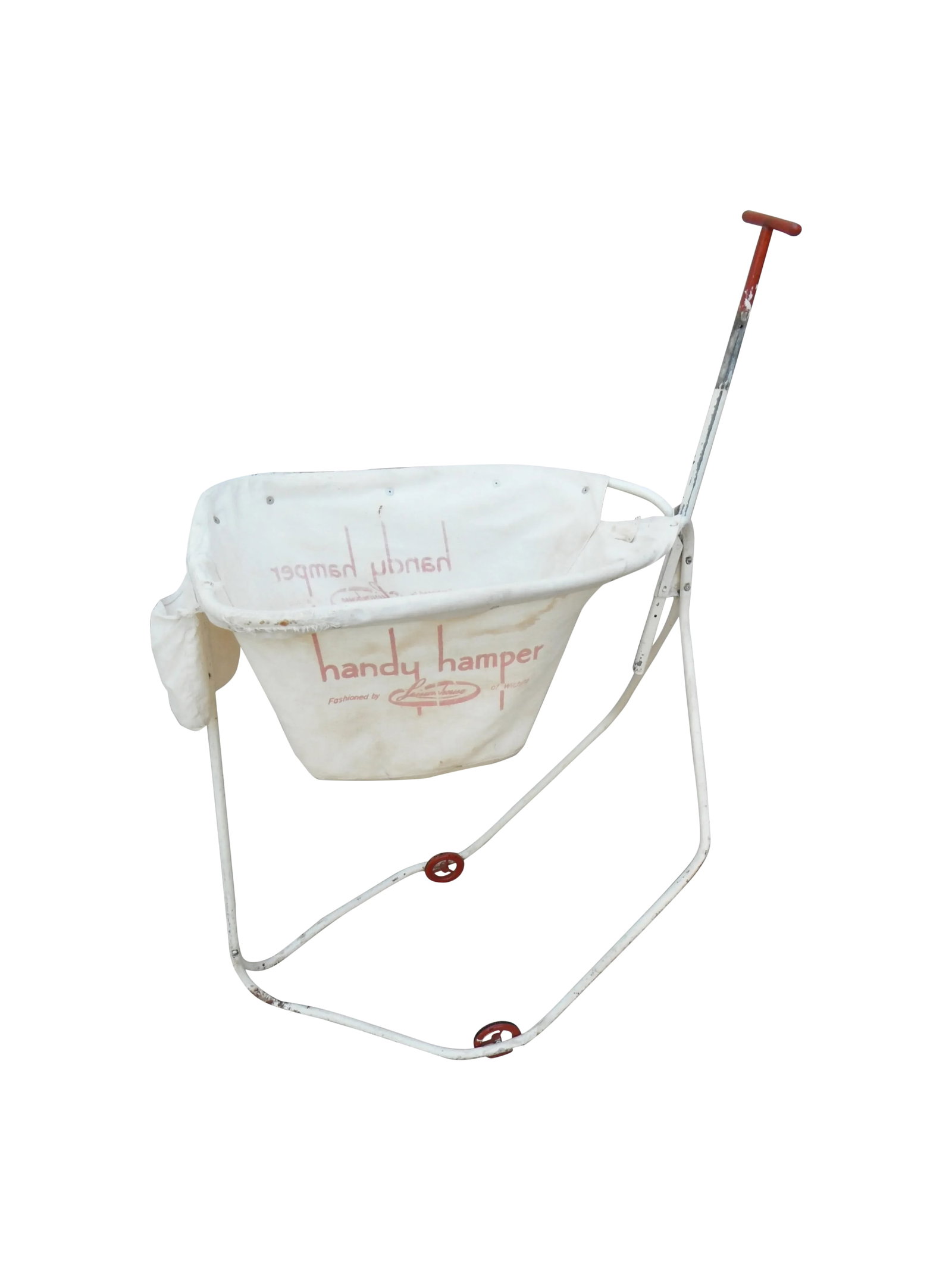 Vintage 1930s Industrial Laundry Cart: What's not to love about this industrial laundry cart with its stream-lined steel frame. The cart features a simple, canvas fold-over snap attach basket and metal arm. This machine age metal cart is
