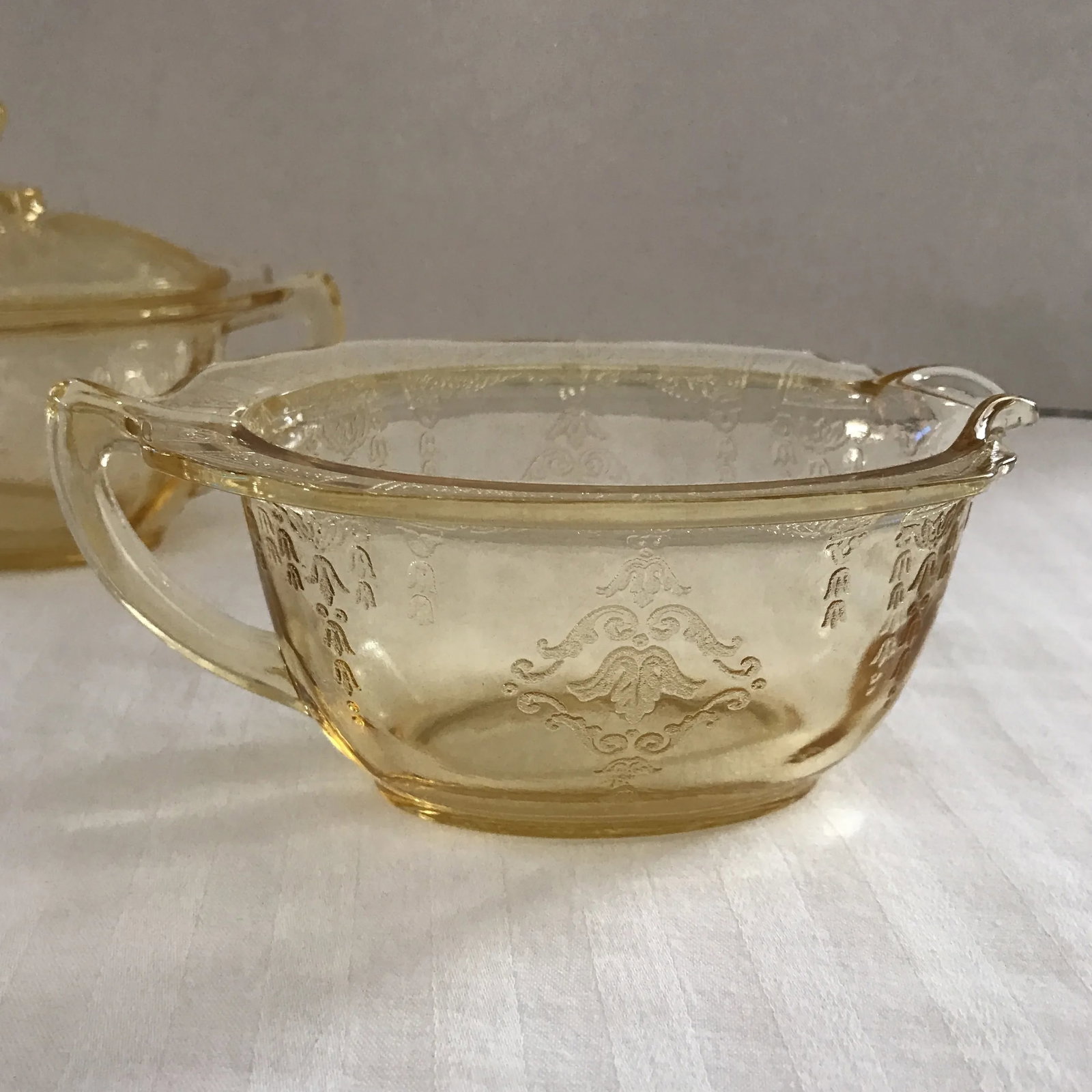 Yellow Depression Glass Covered Sugar and Creamer - 2 Piece - 8