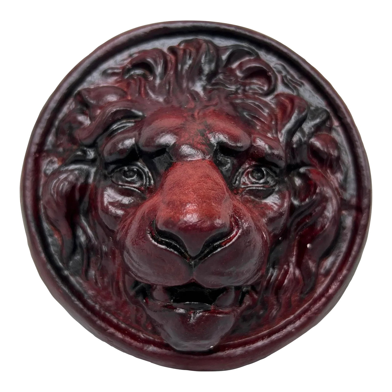 Late 20th Century Plaster Lion Wall Medallion: A 5 inch diameter friendly three dimensional Lion head medallion for your wall. Made of plaster with a wire loop set into the back for easy hanging. Perfect for a traditional, gothic, or castlecore