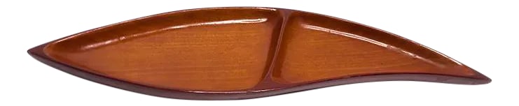 Vintage Mid-Century Panelcraft Mahogany Wood Two Section Dish / Tray: Vintage mid century numbered Panelcraft mahogany wood handcrafted two section dish / tray. This beautiful piece has a mid century shape and two compartments. It was handcrafted by artisans on the isla