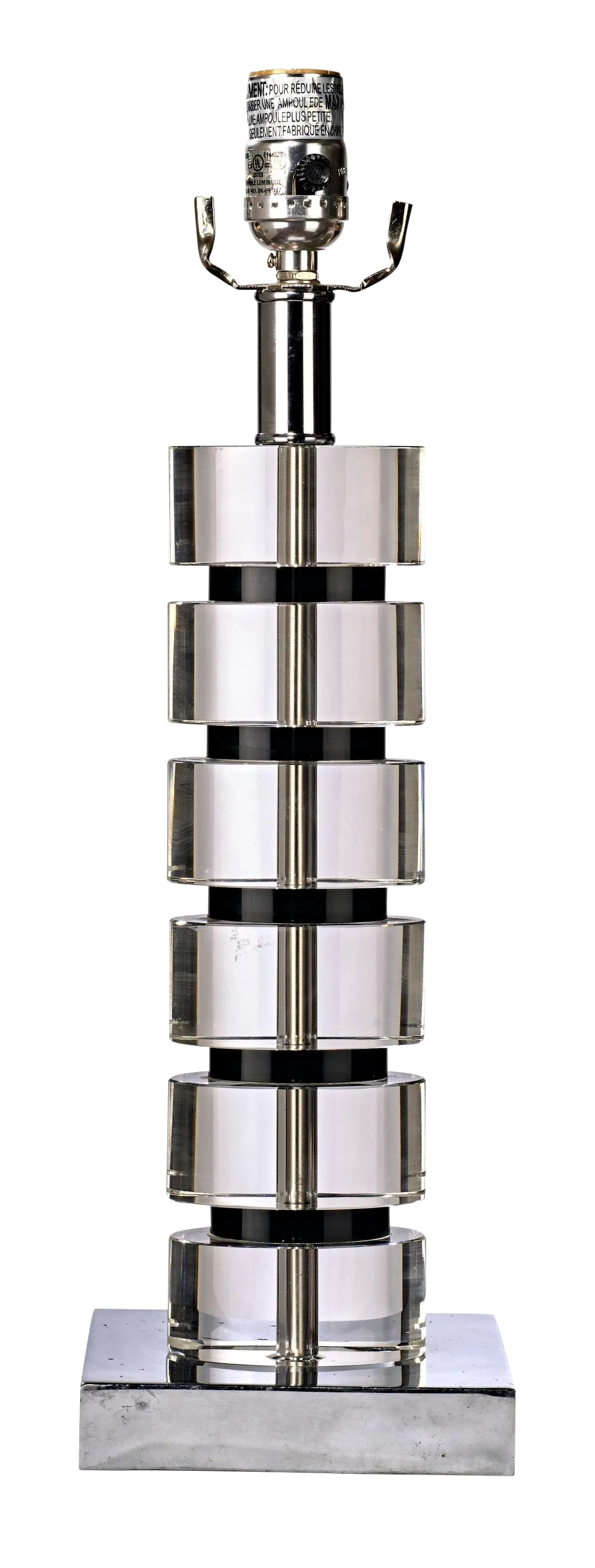 Modern Black and Clear Lucite Six Tiered Column Table Lamp: Six elliptical clear lucite pieces are stacked and separated by 5 pieces of black lucite sitting on a square silver colored metal base forming a very elegant and contemporary table lamp. Condition: Al