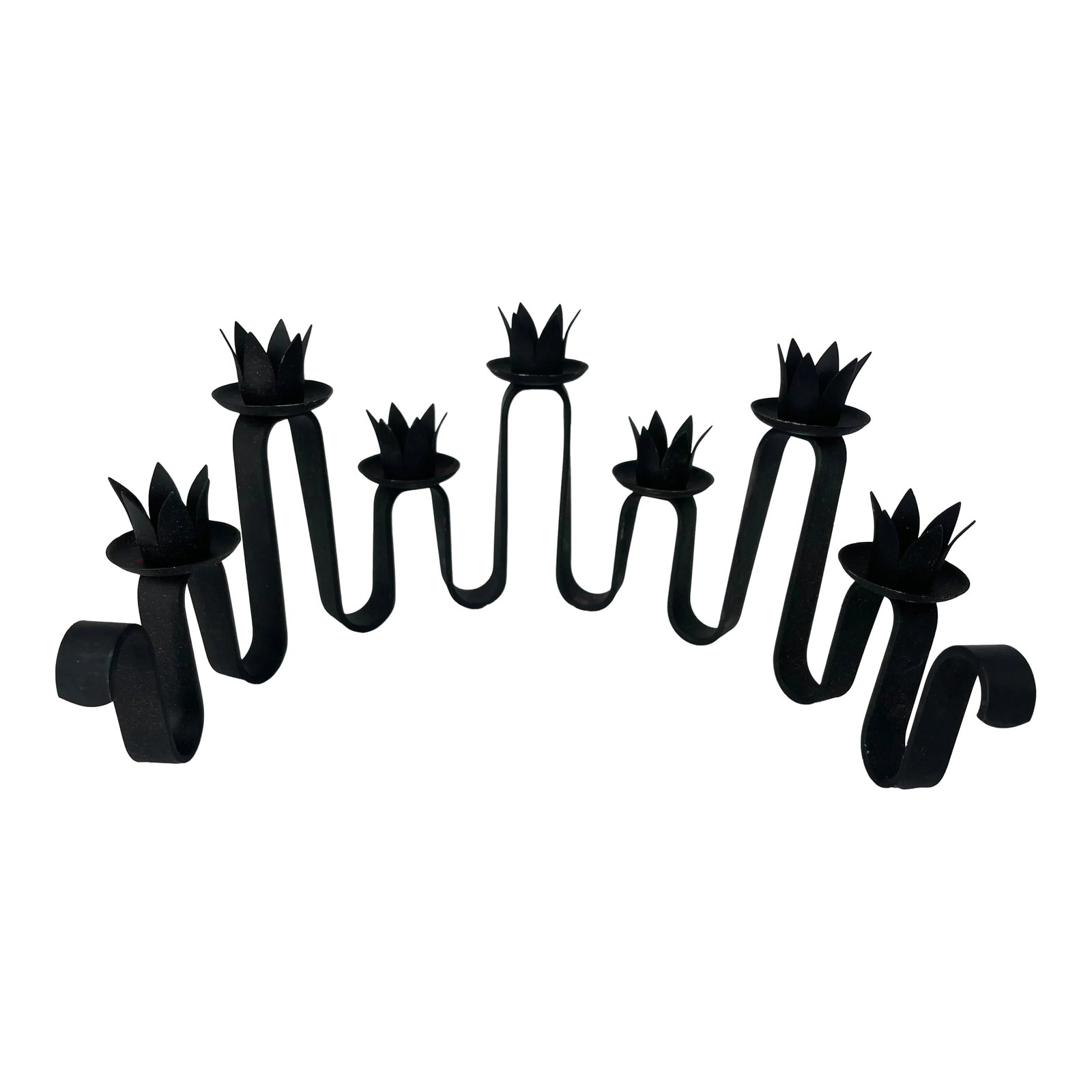 Black Wrought Iron MCM Candelabra: Solid Mid Century wrought iron candelabra on offer. Holds seven candles and has a swooping/circular arrangement. Condition: Alterations: Original Condition Unaltered Imperfections: Some Imperfections